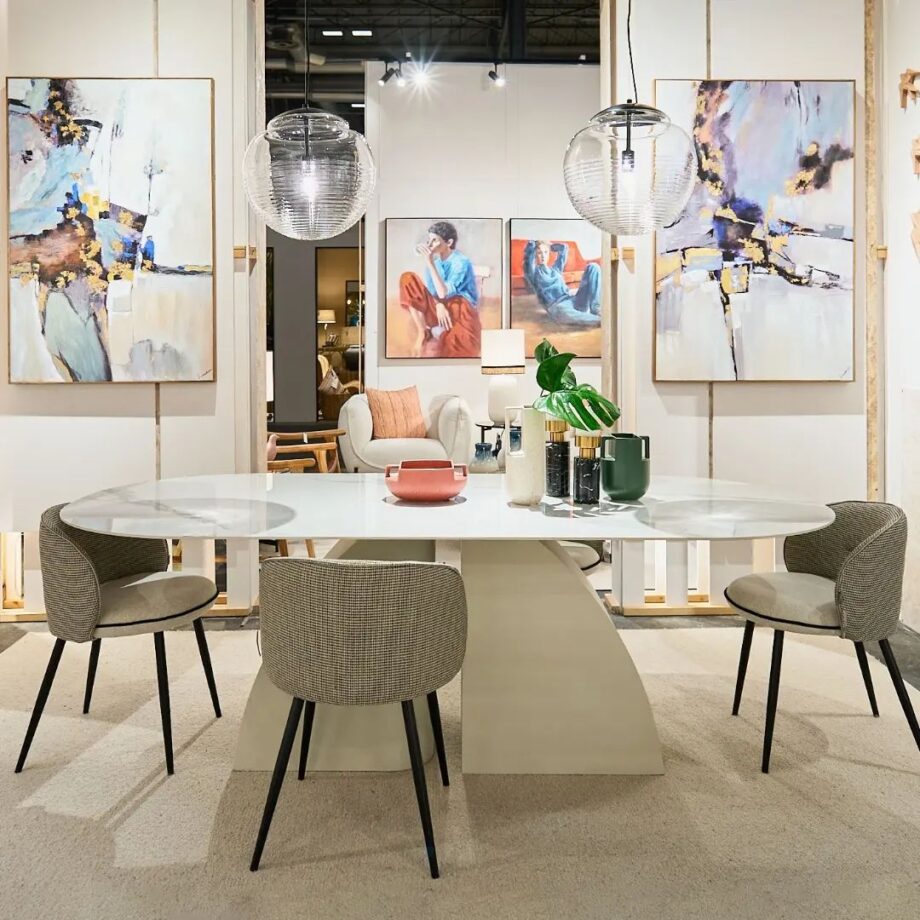 Mesa de comedor oval NORTE con tapa cerámica mármol blanco y gris