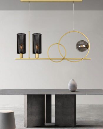 Lámpara en línea ESFERAS Oro con tulipa esfera smoky y dos cilindros metálicos negro Silvioss
