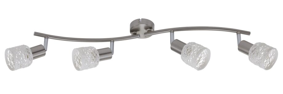 Regleta de 4 focos níquel satinado para bombillas E14 con detalle rejilla beige fibra, 2826-042  Briloner. 70cm. STOCK DISPONIBLE EN TIENDA