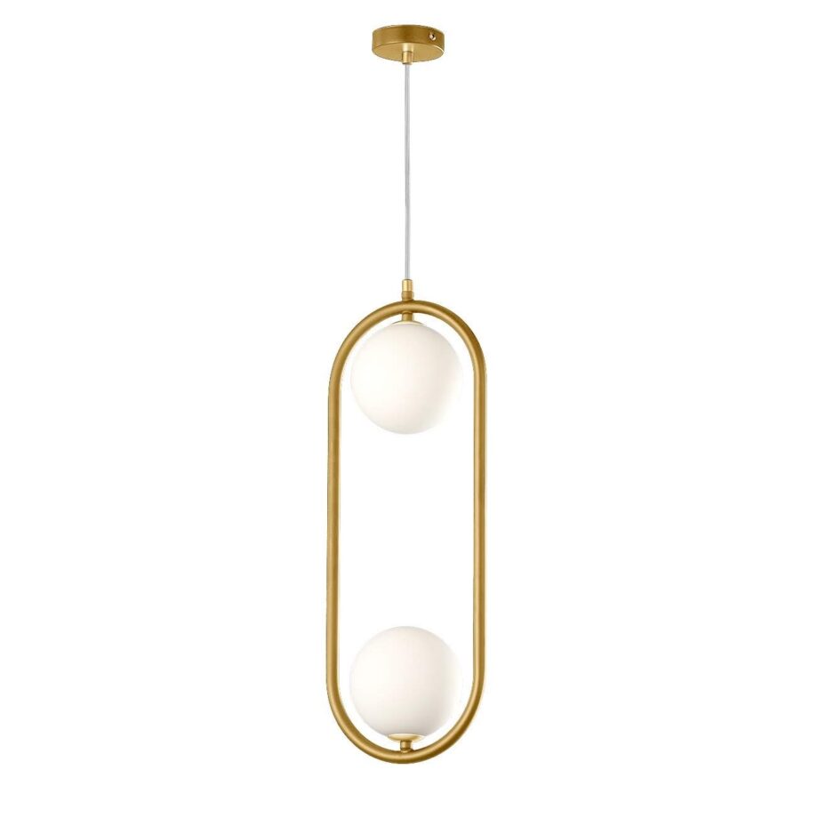 OVI: Colgante oval dorado, con dos tulipas de cristal para bombillas Led en g9, Anperbar. Con 250cm cable transparente. STOCK DISPONIBLE EN TIENDA