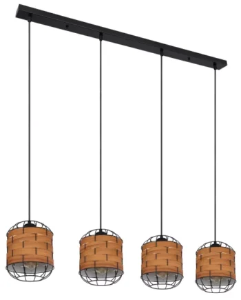 Lámpara en línea ELMAR negra con cuatro colgantes y detalle madera