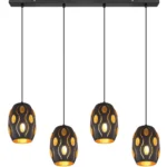 Lámpara en línea NARRI negra con cuatro colgantes geométricos interior oro y cristal