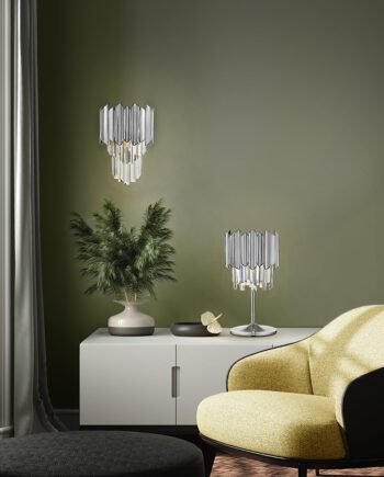 TIARA: Aplique de pared cromo y cristales transparentes, 605359 Schuller. Con 1 bombilla G9 Led, de 22 x 31 cm. STOCK DISPONIBLE EN TIENDA