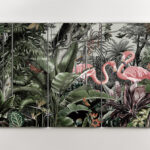 TRIPTICO FLAMENCOS: Fotografía en Cristal, tres paneles flamencos en selva, 829900 Schuller. 180 x 120 cm.