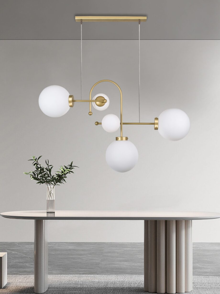 Lámpara ESFERAS Oro mate con tulipas esferas opal, 6125-13 Silvio, 5 portalámparas E27,  112 x 80cm.
