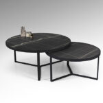 NAIRA: Set de dos mesas de centro negras mate con tapa dm acabado mármol negro brillo Ø91 + 71cm. Schuller 719232.