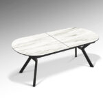 Mesa de comedor ANTEA superficie melamínica de alta resistencia acabado mármol blanco brillo y patas en metal negro Schuller