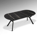 Mesa de comedor ANTEA superficie melamínica de alta resistencia acabado mármol negro brillo y patas en metal negro Schuller