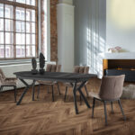 Mesa de comedor ANTEA superficie melamínica de alta resistencia acabado mármol negro brillo y patas en metal negro Schuller