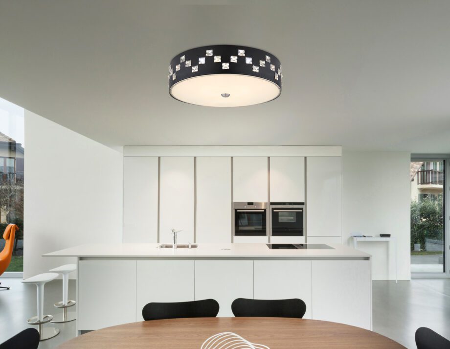 ABELIA: Plafón negro con cristal y copens K5 cuadrados, 40W Led con mando a distancia 3k-4k-6k, 15449D Globo Lighting. 45cm diámetro x 12cm altura. STOCK DISPONIBLE EN TIENDA
