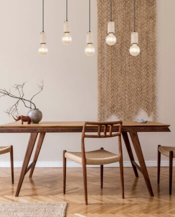 JOSEBA: Lámpara en Línea negro, con cinco colgantes con detalle color madera para bombillas E27, 54032-5H Globo Lighting. 115 cm. STOCK DISPONIBLE EN TIENDA