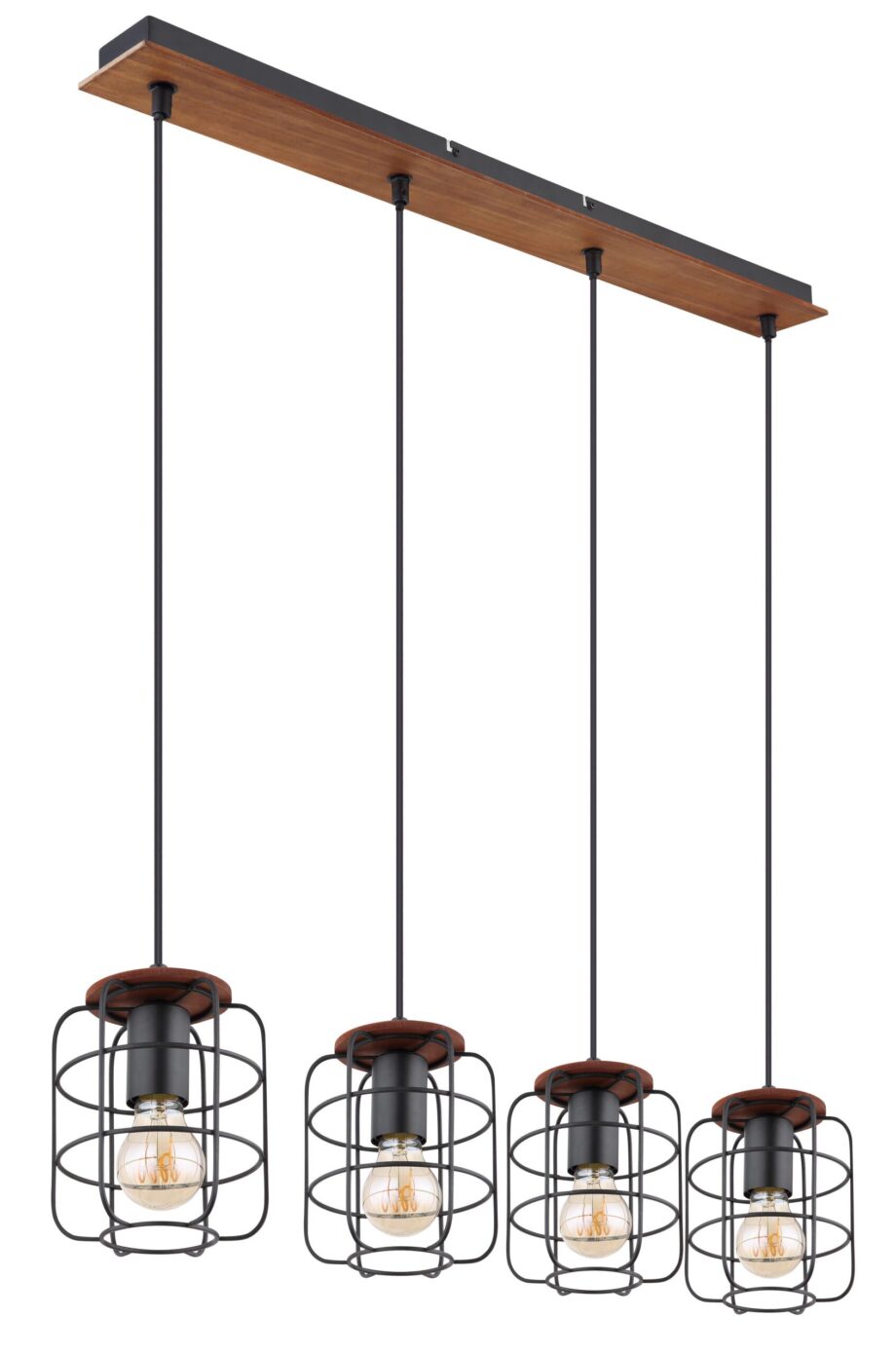 WILLA: Lámpara en Línea madera y negro, con cuatro colgantes con rejilla para bombillas E27, 54037-4H Globo Lighting. 74 cm. STOCK EN TIENDA