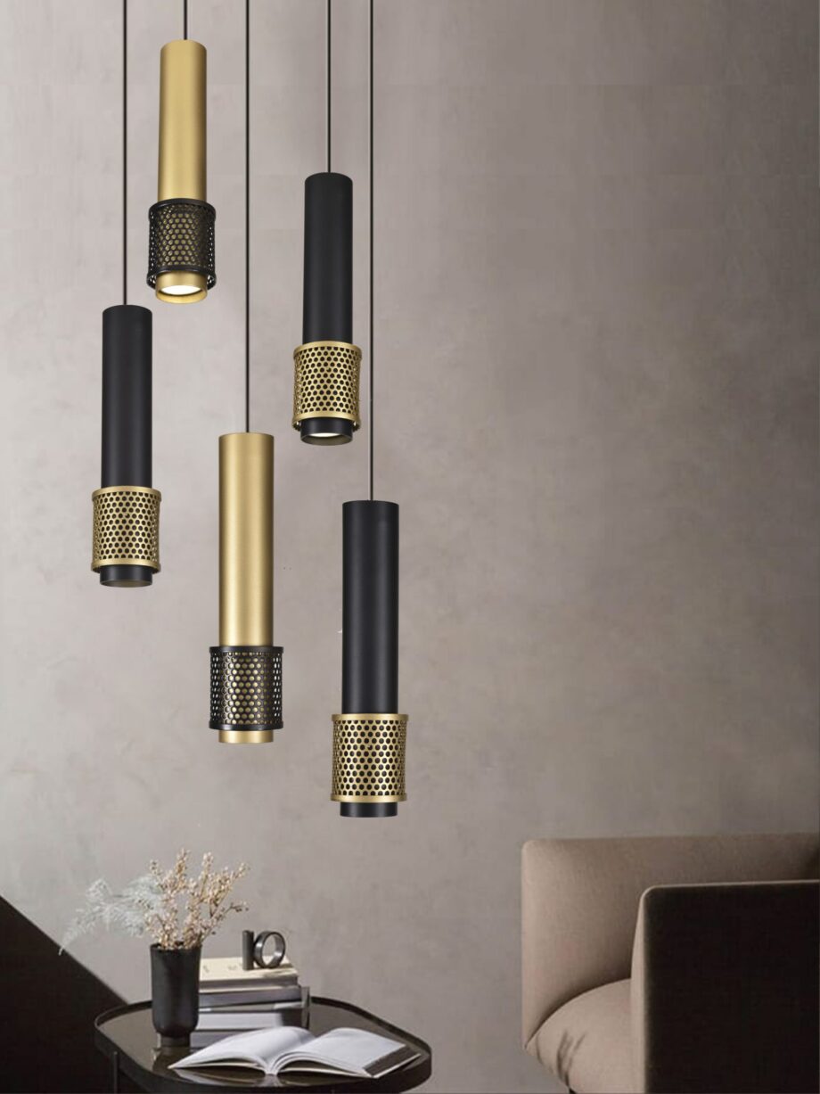 Lámpara CILINDROS Oro mate y negro, con detalle en contraste, 3046-5C Silvio, 5 portalámparas Gu10,  base 40cm con altura 300cm. STOCK DISPONIBLE EN TIENDA