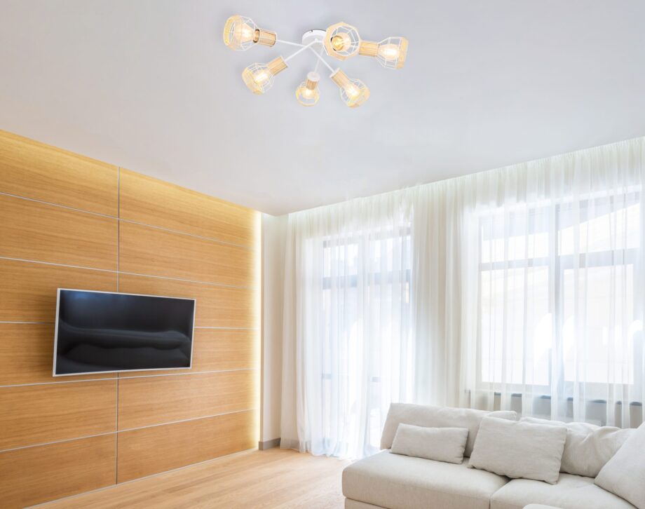 BANA: Plafón de seis focos blancos, con detalle cordado, para bombillas Led E27, 54015-6D Globo Lighting. 70 x 24cm. STOCK EN TIENDA