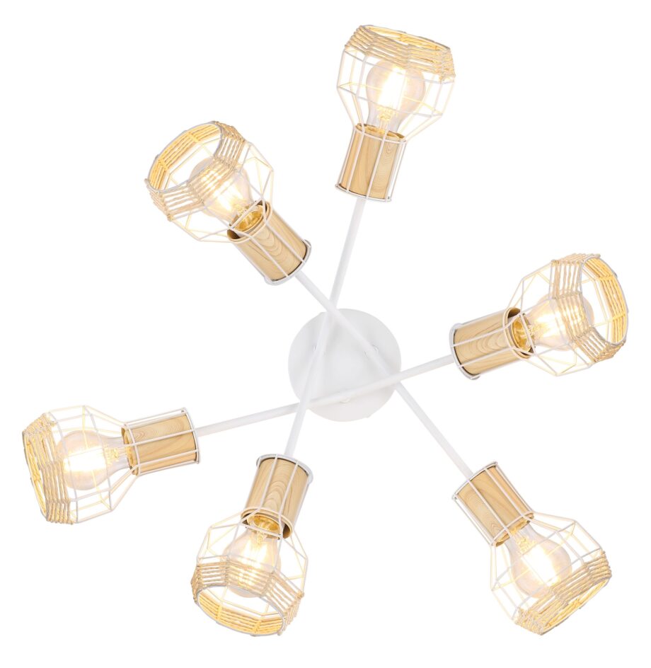 BANA: Plafón de seis focos blancos, con detalle cordado, para bombillas Led E27, 54015-6D Globo Lighting. 70 x 24cm. STOCK EN TIENDA