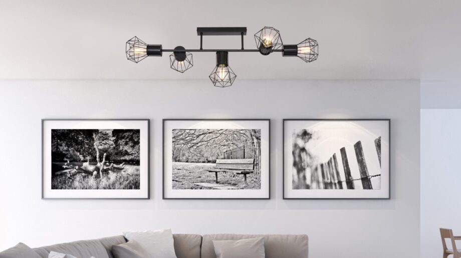 PRISCA: Plafón de 5 focos negros diseño rejilla, para bombillas Led E14, 54017-5D Globo Lighting. 90 x 34 x 28cm. STOCK EN TIENDA