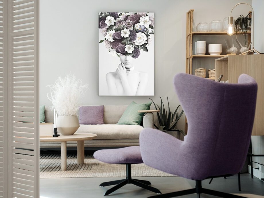 CLARISA - Fotografía en Cristal mujer tocado de flores en fondo blanco