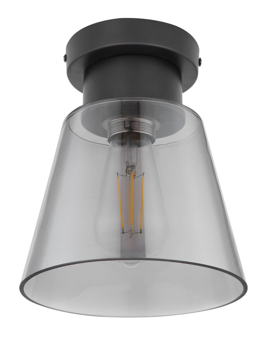 GUMBA: Plafón negro con tulipa de cristal smoky para bombilla E27, 15561D Globo Lighting. ø 19 cm. STOCK EN TIENDA