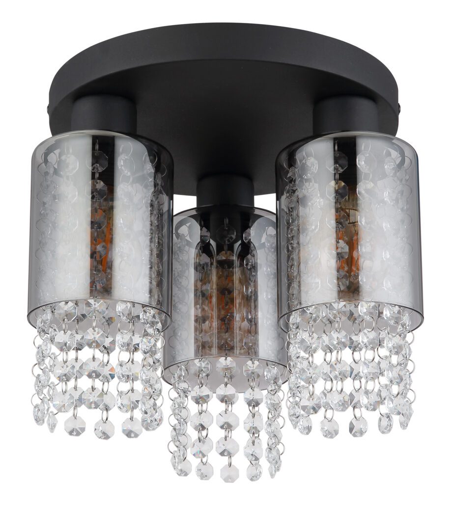 BACKEY: Plafón negro con 3 tulipas de cristal smoky para bombilla E27 y cristales, 15799-3D Globo Lighting. 28 cm. STOCK EN TIENDA