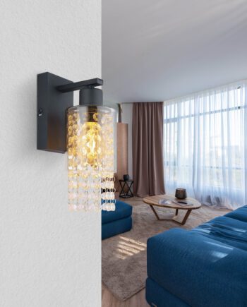 Aplique de pared BACKY negro con tulipa de cristal smoky