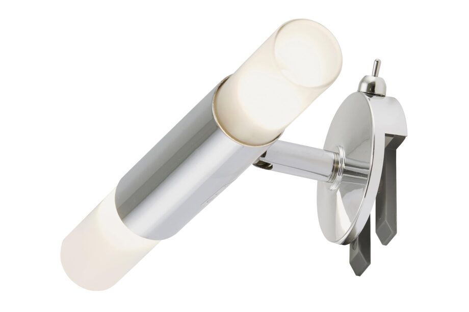 Aplique espejo a pinza cromo con dos cilindros de cristal e interruptor Briloner.