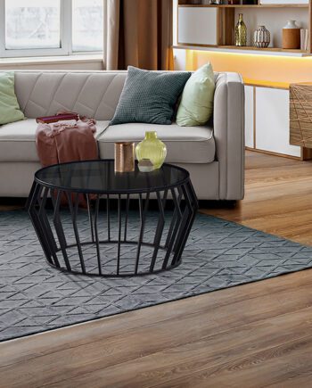 CIROS - Mesa de centro negro mate con tapa cristal smoke Ø90 cm