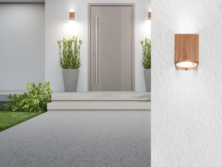 VERONICA: Aplique cuadrado aspecto madera para 1 bombilla1 gu10, aluminio, 34164-1W Globo Lighting, protección exterior Ip44. STOCK EN TIENDA.