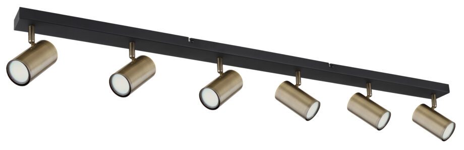 ROBBY: Regleta de 6 focos orientables base rectangular negra y dorado para bombillas gu10 Led, 57911-6DM Globo Lighting. 115 cm. STOCK INMEDIATO