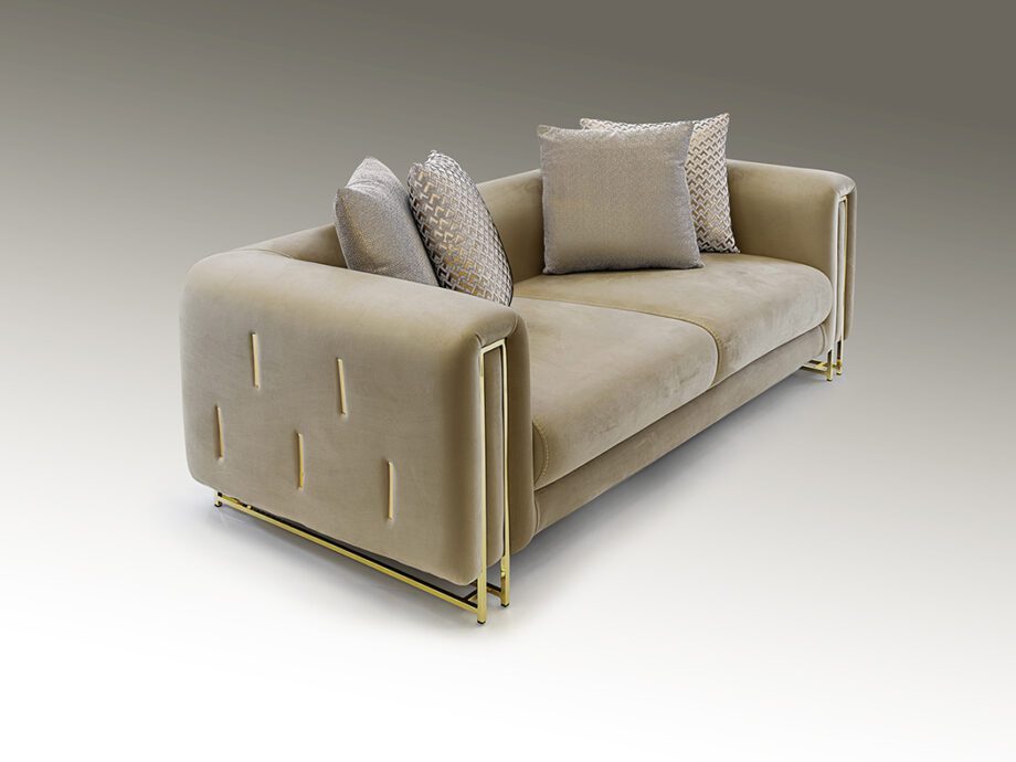 VIENA:  Sofá 2 plazas, tapizado en terciopelo beis  y oro. 8821034 Schuller. 200 x 105 cm.