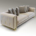 VIENA:  Sofá 3 plazas, tapizado en terciopelo beige  y oro, 8831033 Schuller. 255 x 105 cm.