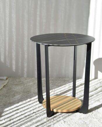 Mesa auxiliar N17 piedra sinterizada roble natural y metal negro