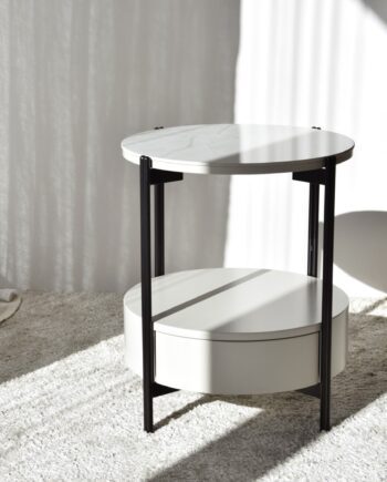 Mesa auxiliar N16 cerámico tonos blancos y grises con práctico cajón y metal negro