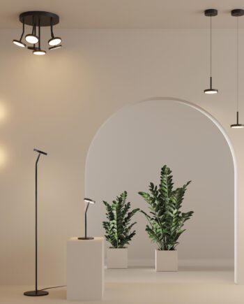 CORVUS: Lámpara de pie de base redonda negra, 7,5w Led luz cálida, H3945000N Acb Iluminación. 125cm altura.