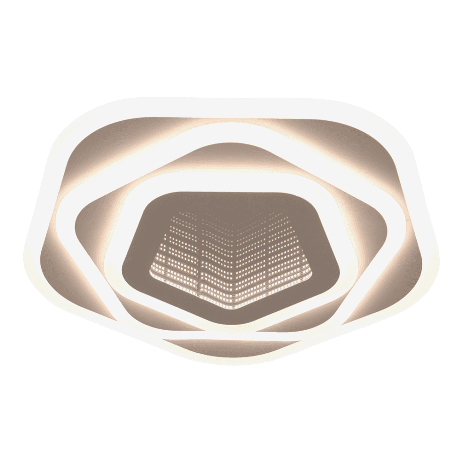 QUIARA: Plafón blanco y acrílico pentagono con efecto 3D, 77w Led, con mando a distancia, Acontract-Luz. 49 cm.