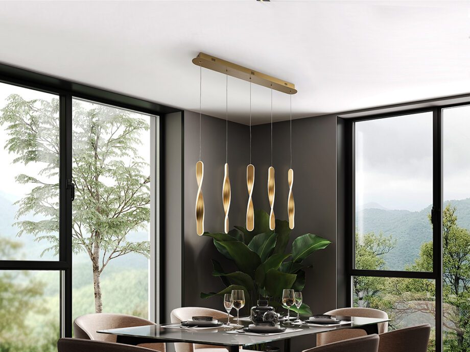 Lámpara en línea TWIST de 5 luces colgantes Oro cepillado con 50W Led