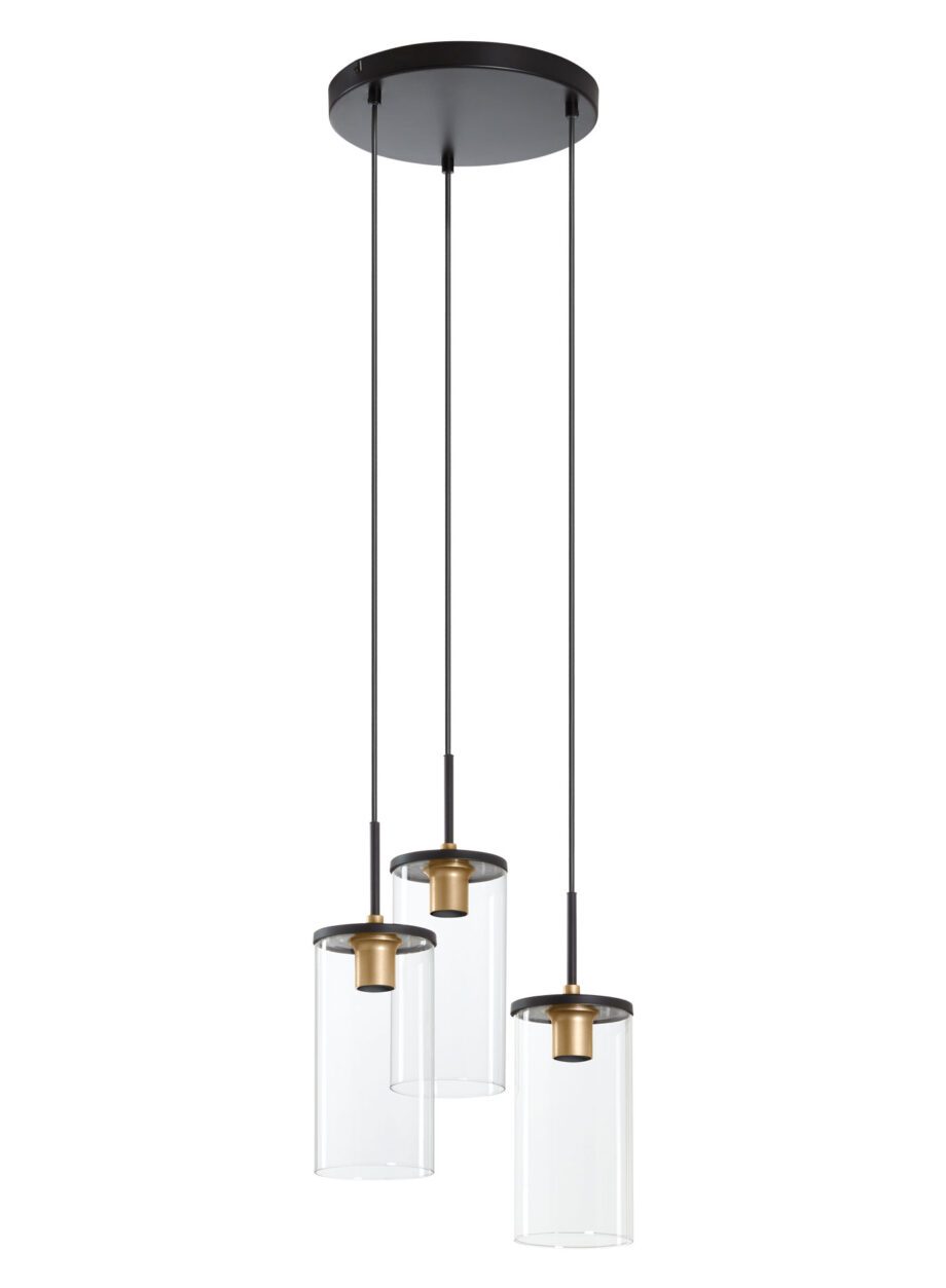 TRIEL PL: Lámpara base redonda con 3 colgantes negros y detalle oro, con cristal para bombilla E27 MDC 588349101. STOCK EN TIENDA