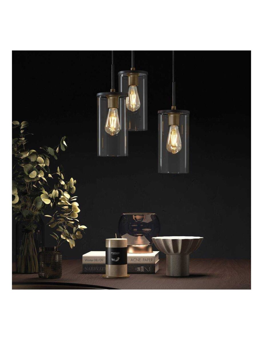 TRIEL PL: Lámpara base redonda con 3 colgantes negros y detalle oro, con cristal para bombilla E27 MDC 588349101. STOCK EN TIENDA
