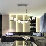 Lámpara negra INOA con 7 esferas de cristal opal con bombillas Led G9