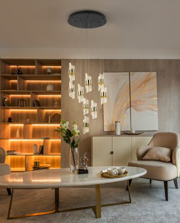 Lámpara ILIADA de 9 luces colgantes de base redonda negra con detalle en oro brillo con 63W Led