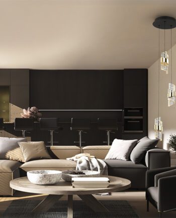 Lámpara ILIADA de 3 luces colgantes con base redonda negra con detalle en oro brillo