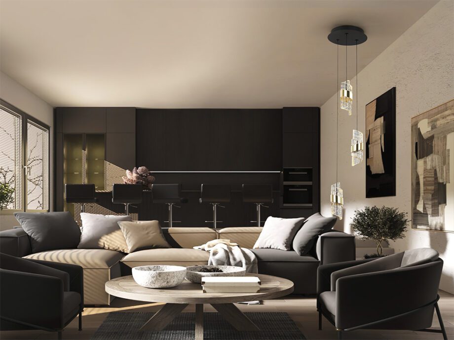 Lámpara ILIADA de 3 luces colgantes con base redonda negra con detalle en oro brillo