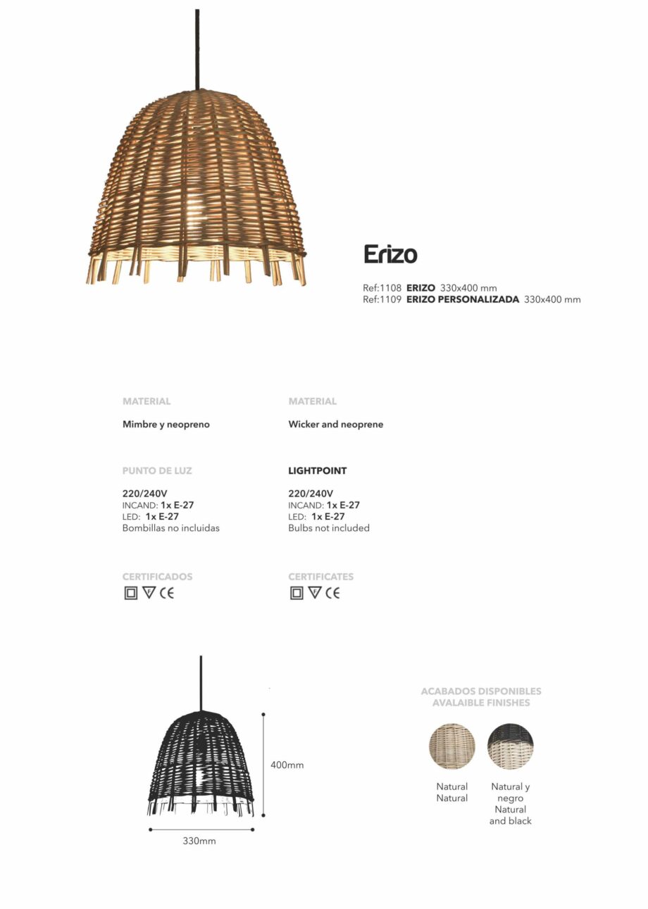 ERIZO: Colgante individual mimbre natural trenzado para bombilla E27, 1108 FOKOBU. 33cm x 40cm altura.
