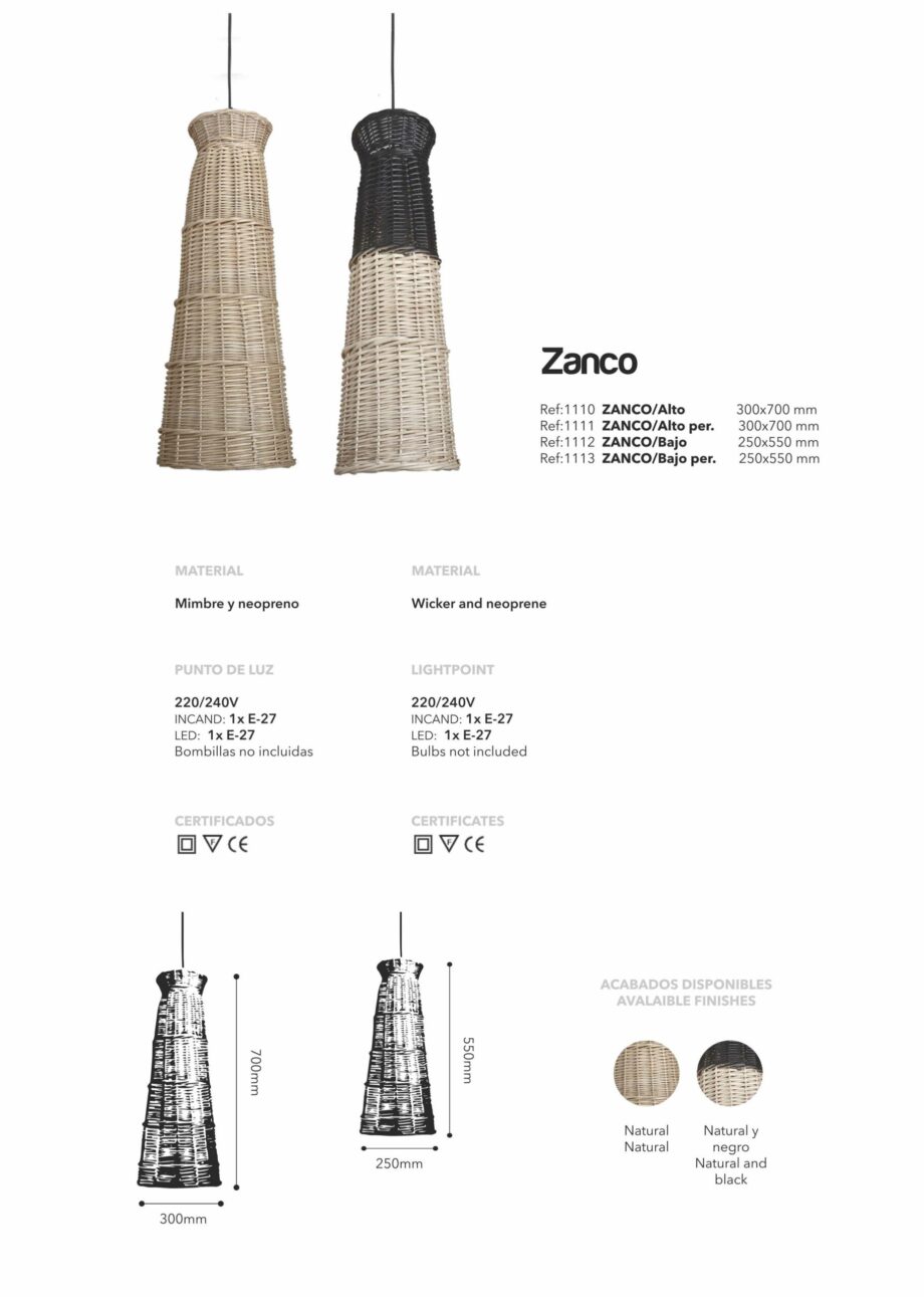 ZANCO: Colgante individual mimbre natural y neopreno, para bombilla E27, 1112 FOKOBU. 25cm x 55cm altura.