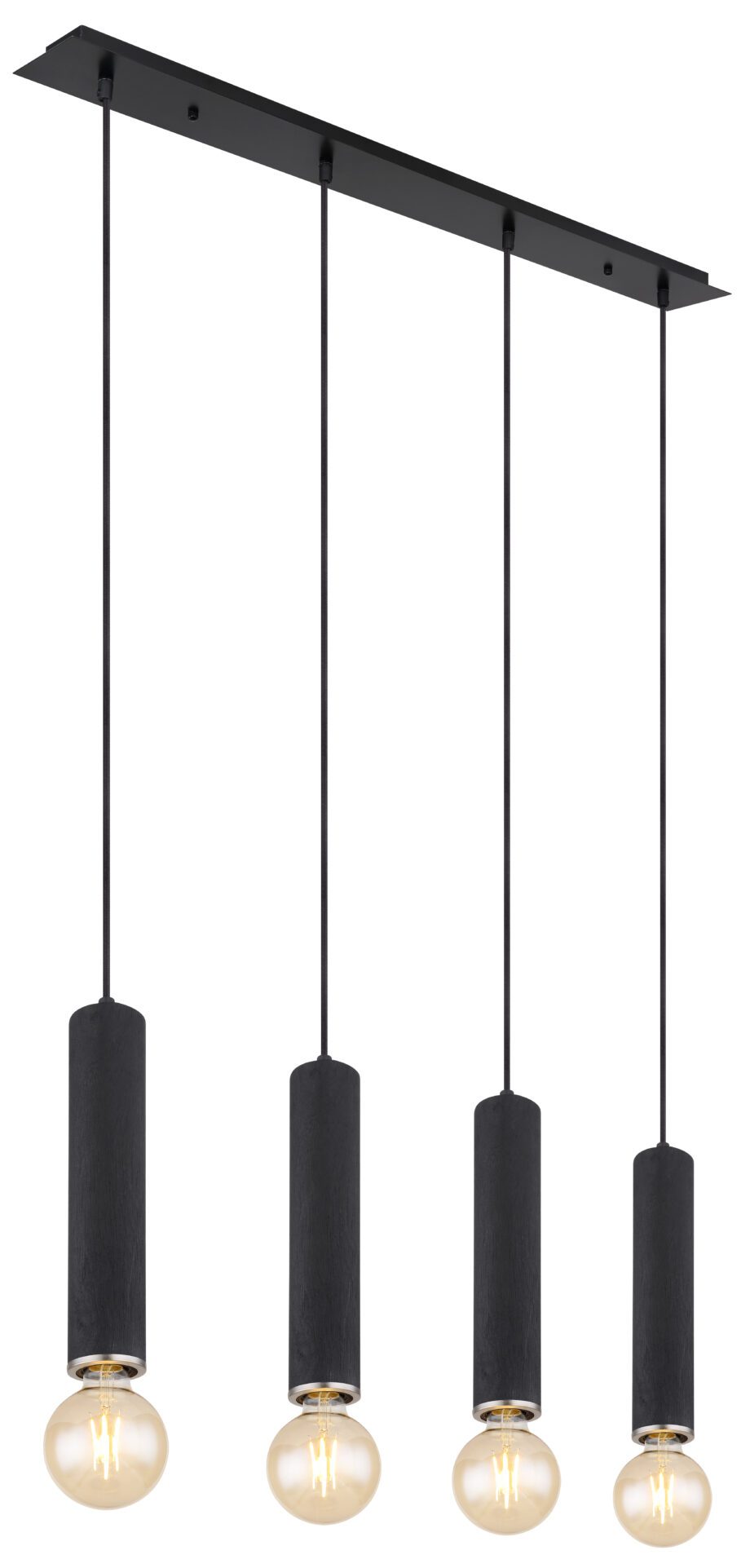 Lámpara en línea MARIO negra de cuatro colgantes madera para bombillas E27