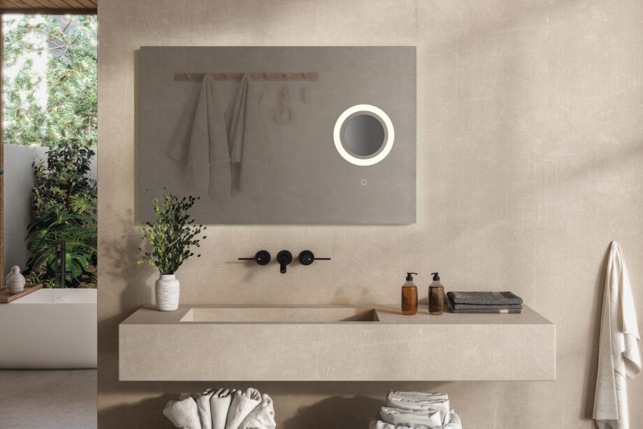 OLTER: Espejo baño retroiluminado rectangular 61W Led luz cálida 3k, con espejo 14W Led aumento independiente e interruptor  Acb Iluminación. 70 x 110cm.