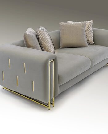 VIENA Sofá 2 plazas tapizado en terciopelo gris claro y metal oro