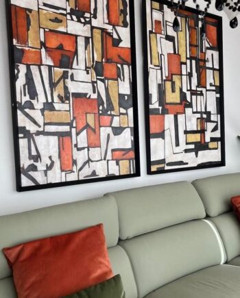 SET dos cuadros LABERINTO abstractos de colores ocres verdes y negros VP Interiorismo