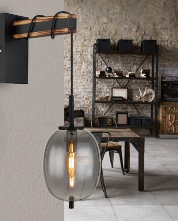 Aplique de pared LOREY negro y madera de cristal fumé para E14
