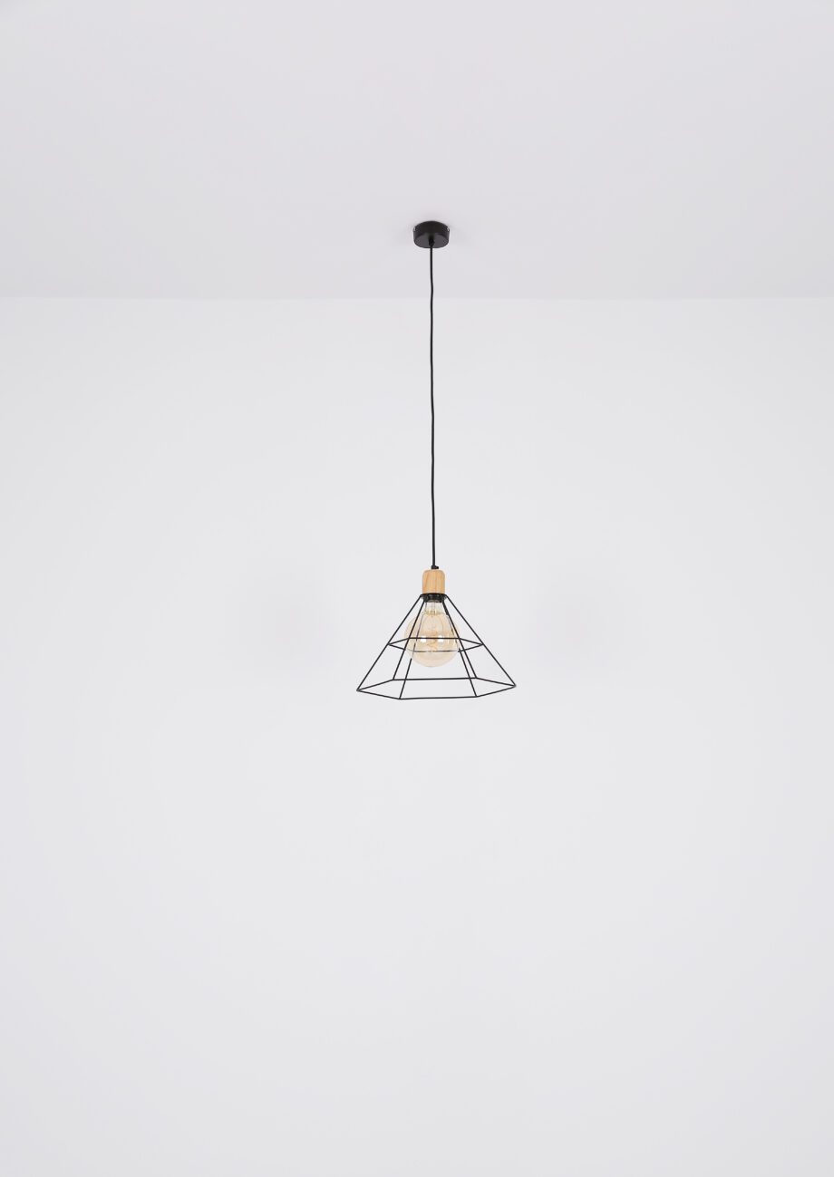 Lámpara colgante HELENA negra geométrica con madera
