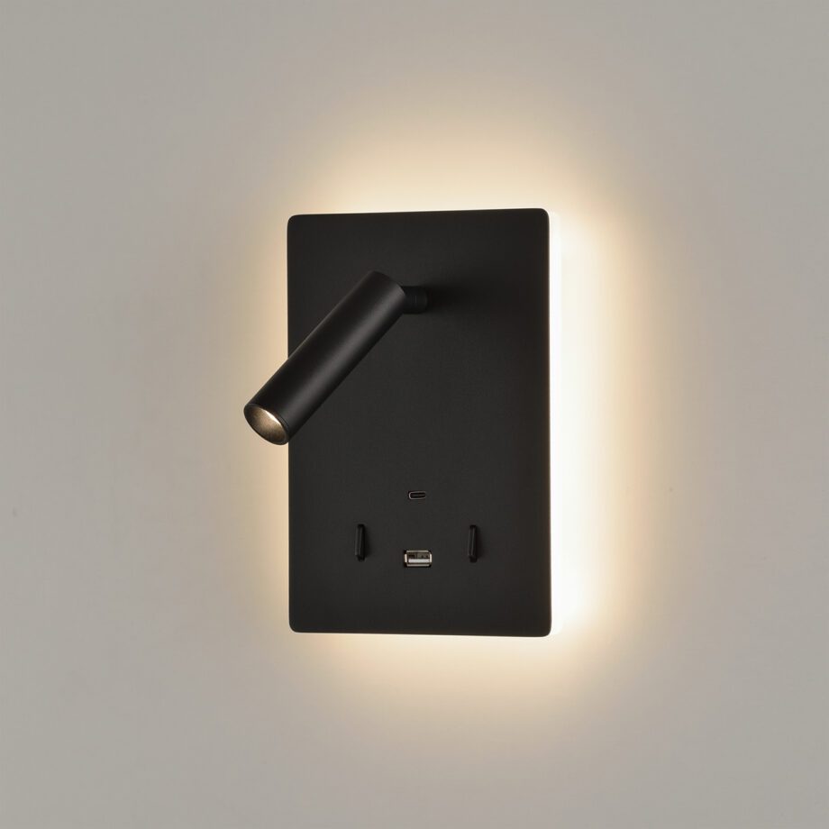 Aplique MANAT negro con Lector y luz indirecta 12W con doble USB ACB Iluminación